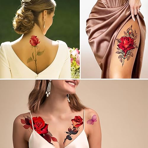 Miniatura 5 de ROARHOWL Impresionantes tatuajes temporales de flores de rosas, tatuajes falsos de rosas grandes para mujer, juego de tatuajes de rosas (rosa 3)