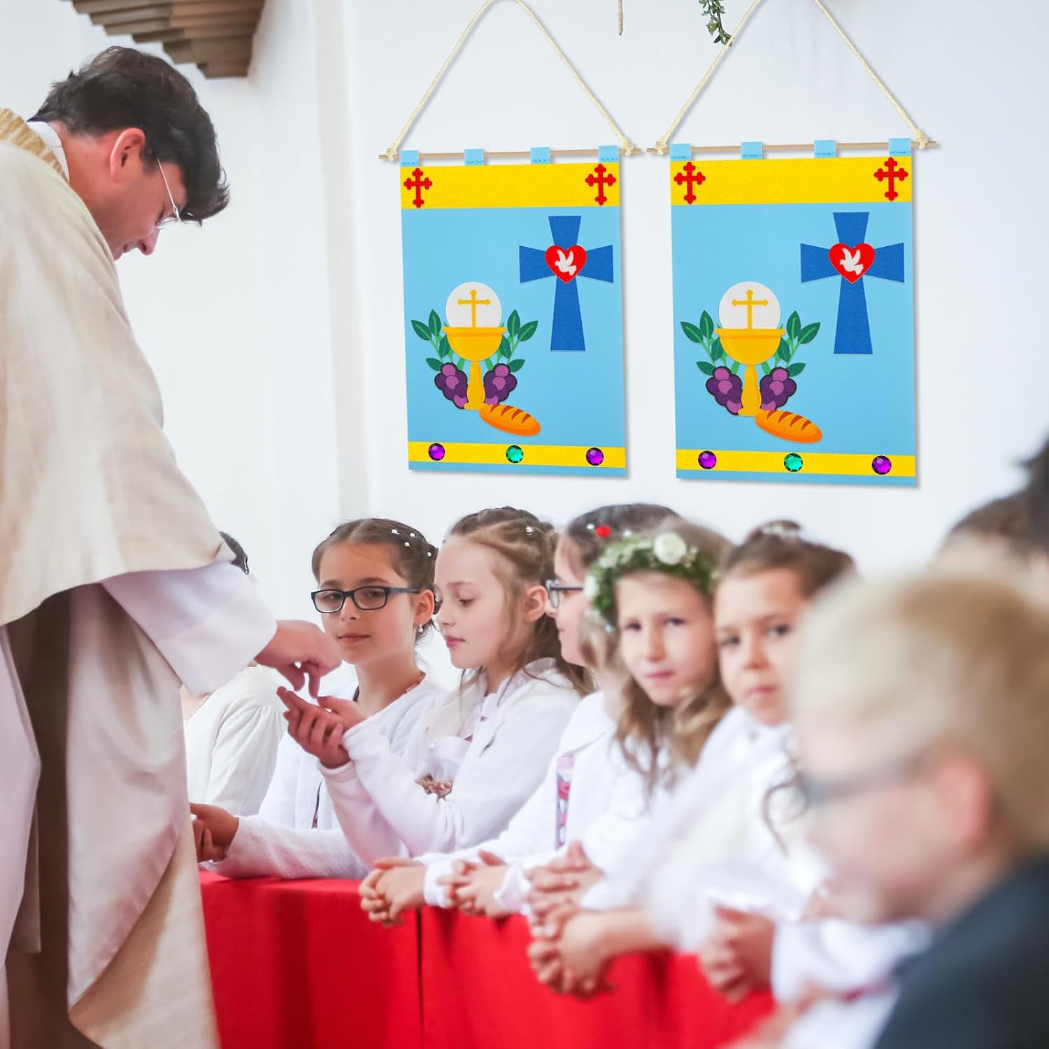 24 Set First Communion Banner Kit Holy 1st Communion Banner Craft Felt First Communion Decorations Church School Catholic Crafts Bulk for Kids DIY Craft Pew Decor Supplies