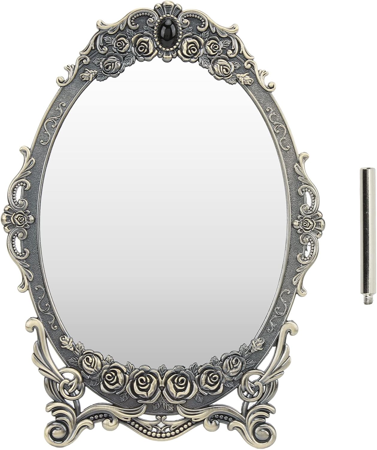 HEEPDD Vintage Rose Embossed Oval Makeup Mirror with Stand, Bronze, Decorative Cosmetic Table Mirror, 11x7.9 Inch, for Dressing Room, Bedroom