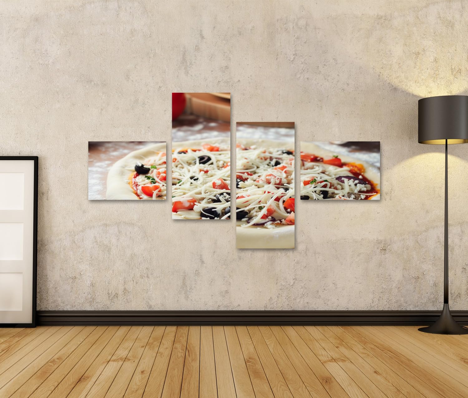 islandburner Quadro su tela Impasto per pizza preparato con condimenti, pronto per il forno! cucina pizzeria murale Immagini