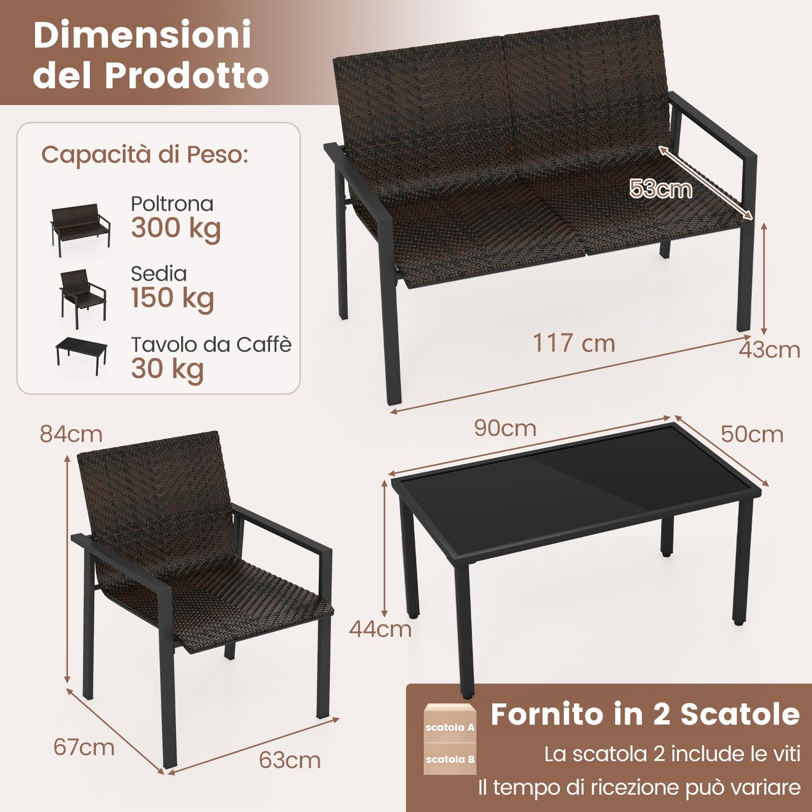 COSTWAY 4 Pezzi Set di Mobili da Giardino, Set di Tavolo e Sedie da Esterno in Intrecciato di Vimini, Set Salotto da Giardino per Balcone Giardino Terrazzo (Marrone)