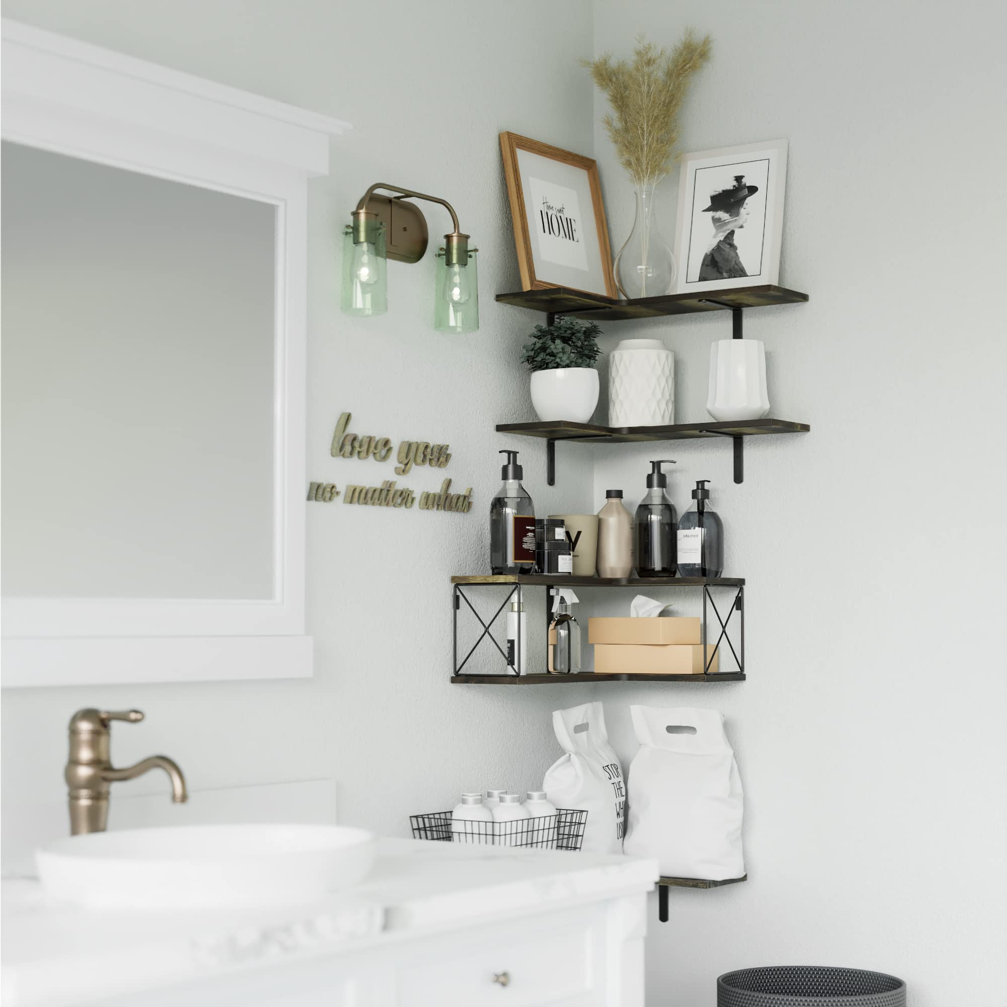 RICHER HOUSE 5-Tier Corner Floating Shelves Set of 5, Corner Shelves for Wall Storage, L-Shaped Corner Wall Mounted Shelf for Bedroom, Living Room, Bathroom, Kitchen - Rustic Brown