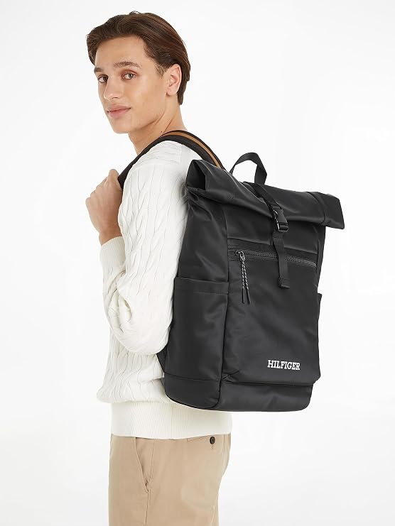 Tommy Hilfiger Men Backpack Monotype Rolltop Hand Luggage, Multicolor (Black), One Size