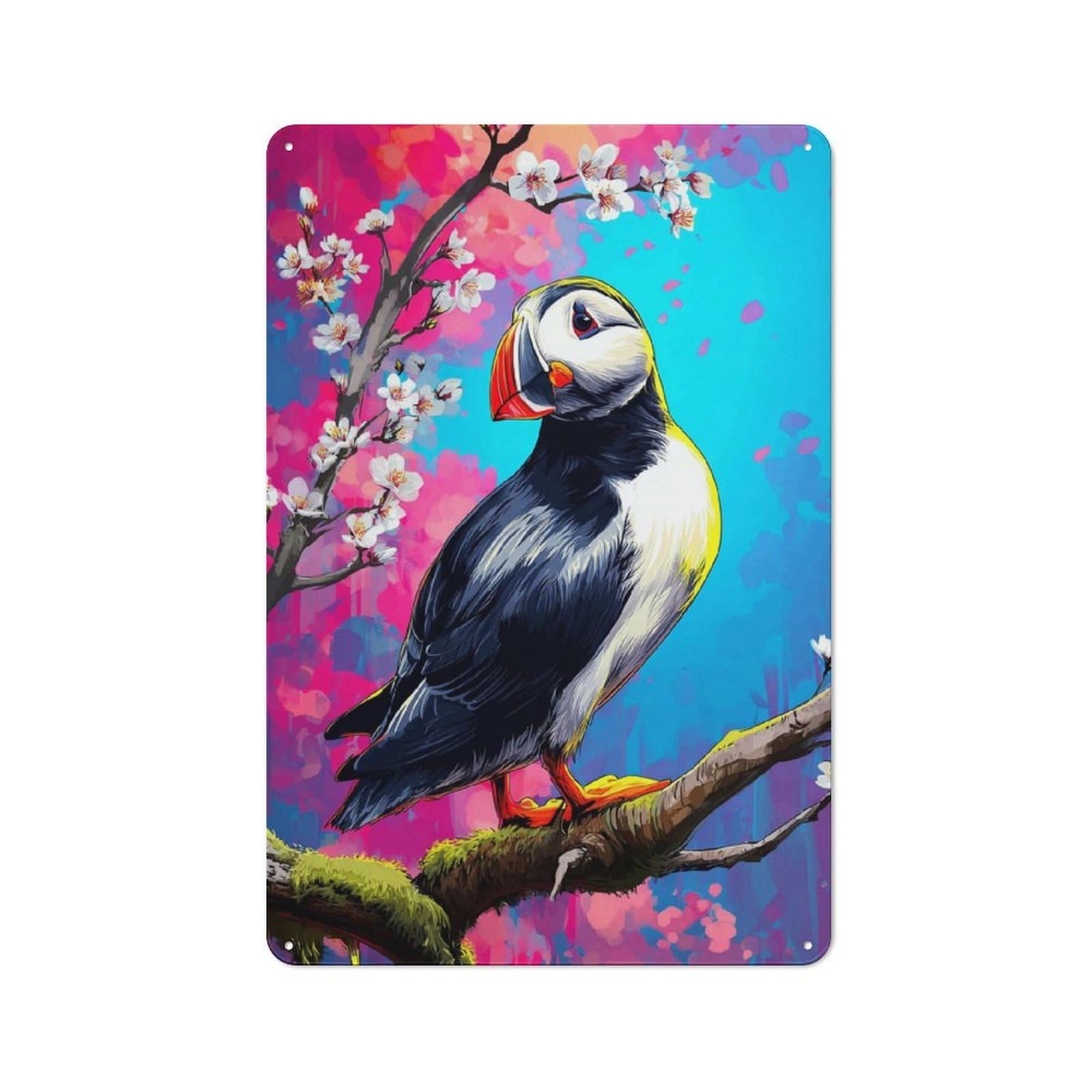 Puffin Perched on Blossoming Branch Cafe Style Metal Wall Decor 30x20cm, Vintage Metal Sign for Coffee Bar, Small Shop Or Dining Room
