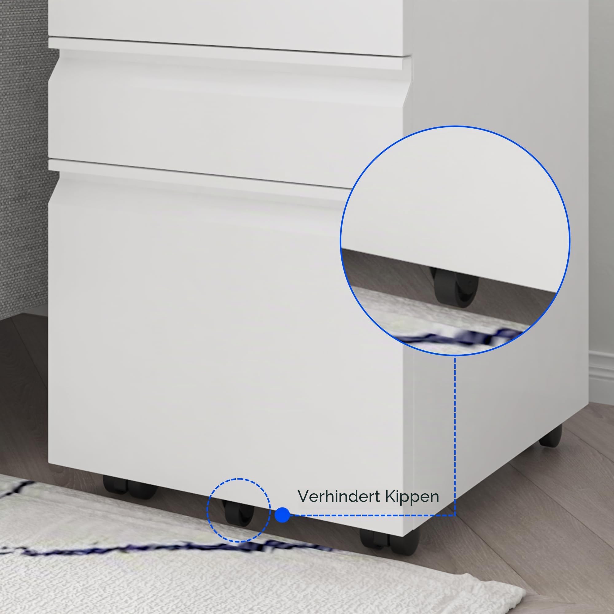 FLEXISPOT Rollcontainer Büroschrank mit 3 Schubladen Aktenschrank Metallschrank Kommode mit Schlüsselschloss und Anti Kipp Radweiß,Schreibtisch Unterschrank für Büro Wohnzimmer Schlafzimmer weiß