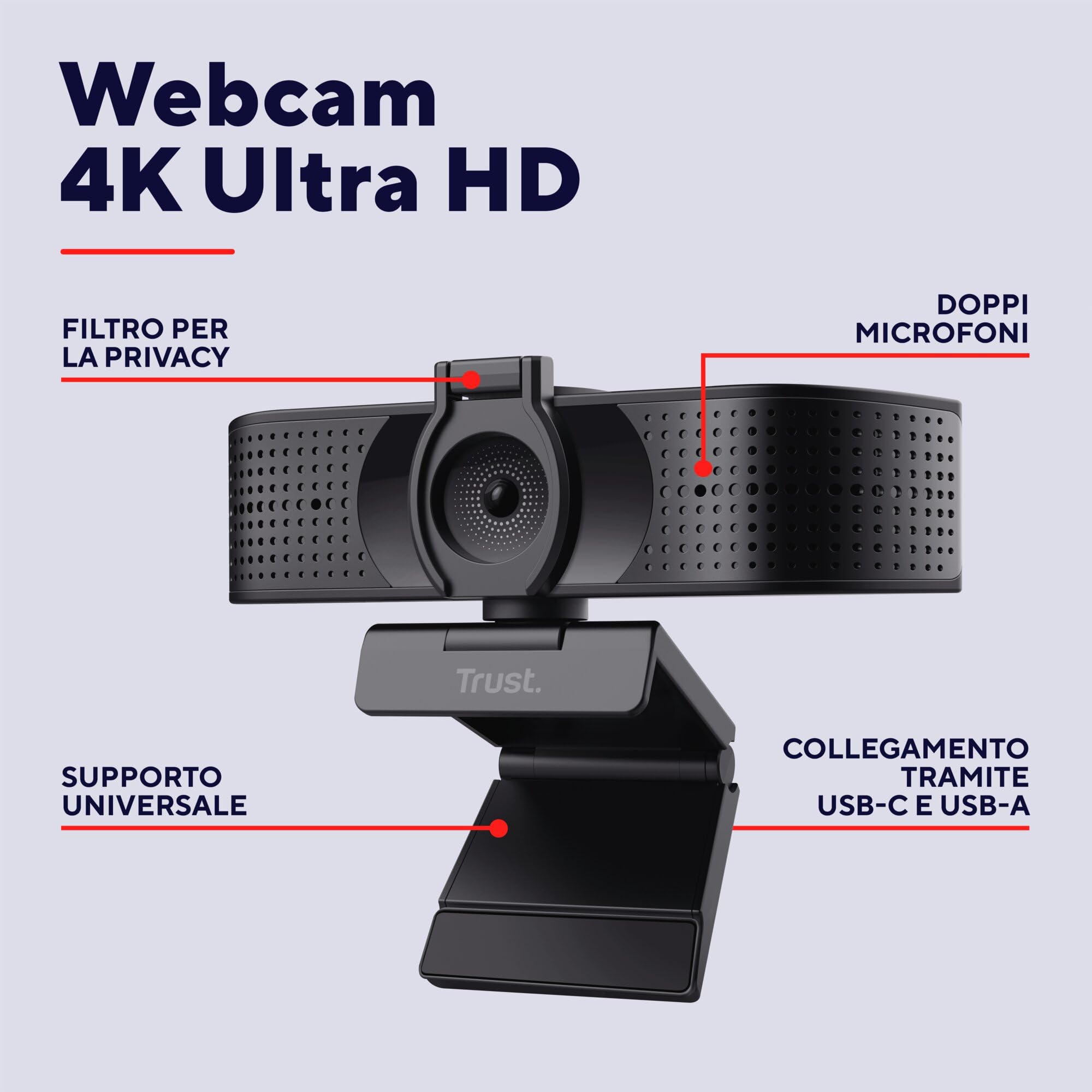 Trust Teza Webcam per PC 4K Ultra HD, 3840x2160, 2 Microfoni e Messa a Fuoco Automatica, USB Plug & Play, Web Camera per Teams, Zoom, Skype, Portatile, Laptop, Mac, Macbook - Nero