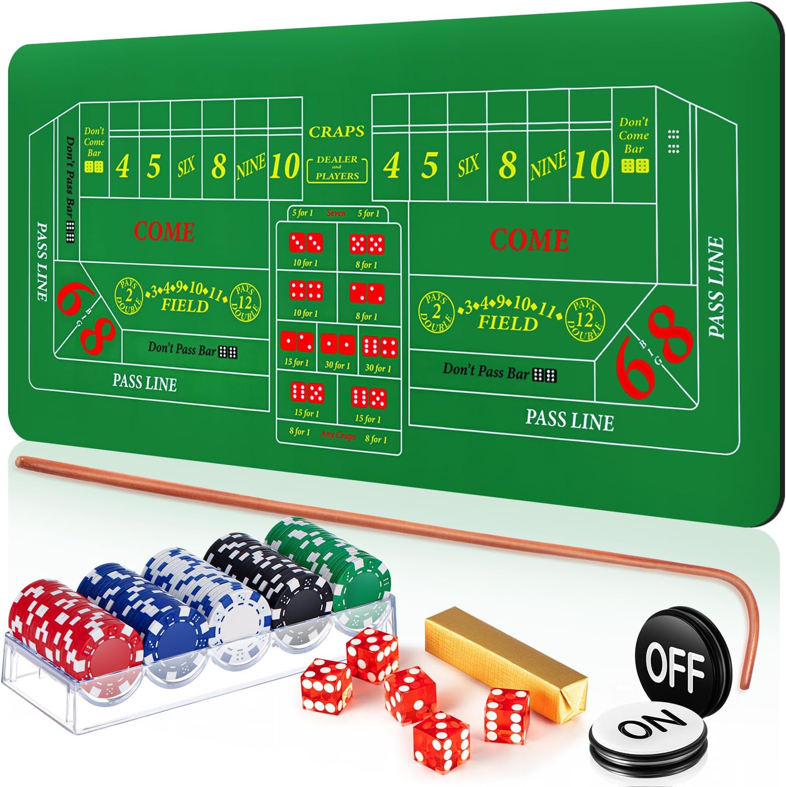 Leyndo Craps Tabletop Game Set, Includes 35" x 70" Rubber Craps Tabletop Layout Mat, 36" Rattan Stick, Casino Grade AAA 19mm Dice, 3 Inch On/Off Buttons and 100 Poker Chips with Case