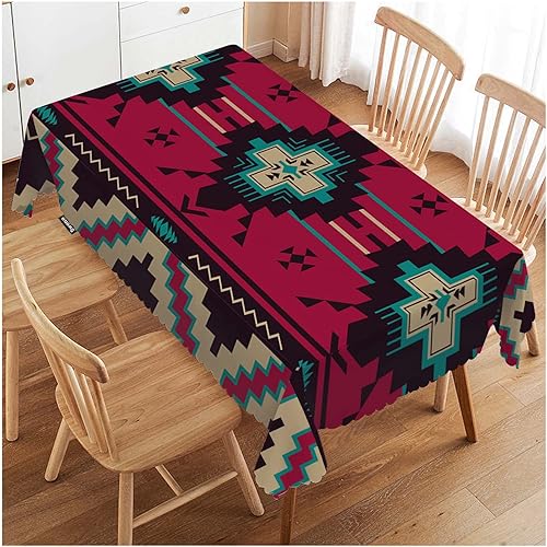 Swono Mantel rectangular con patrón étnico geométrico rojo estilo navajo americano, lavable, a cuadros, para cocina, cena de vacaciones, mantel de