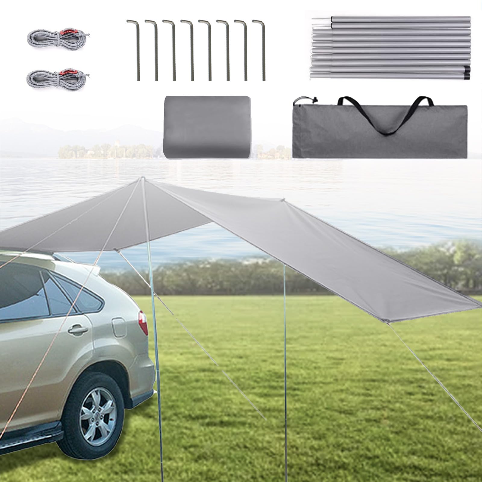 Tente arrière de Voiture avec moustiquaire,Tente Pare-Soleil pour Voiture Convient à Tous Les ModèLes de SUV,Tente de Hayon de Voiture Auvent De Voiture De Tente Arrière (Gris, 440 * 200cm)