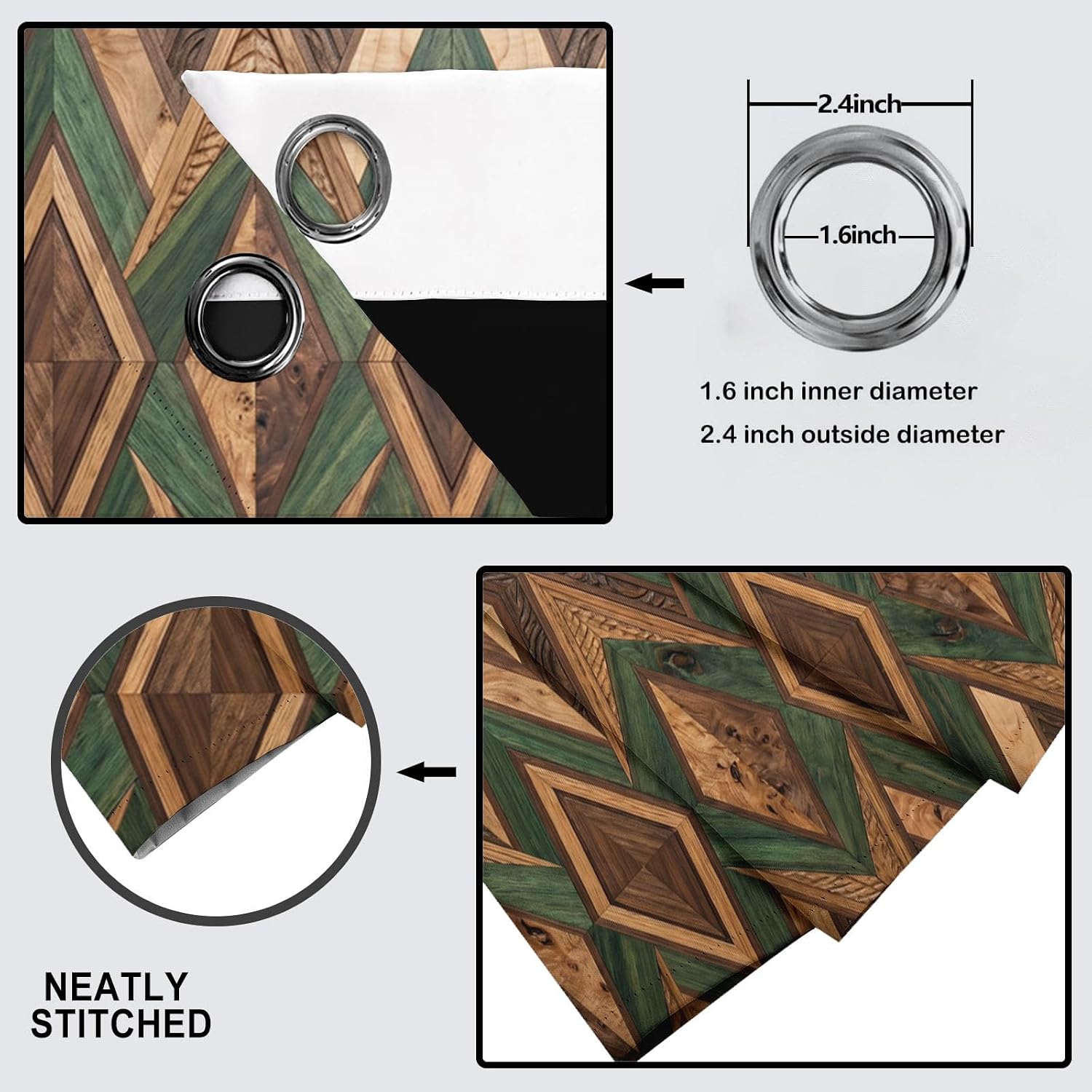 Wooden Geometric Patchwork Blackout Curtains Retro Tribal Style Diamond Patterned Grommet Window Drapes For Bedroom Living Room, Brown Window Treatments 96 Inch Length 2 Panels Set, 52 X 96 Inch