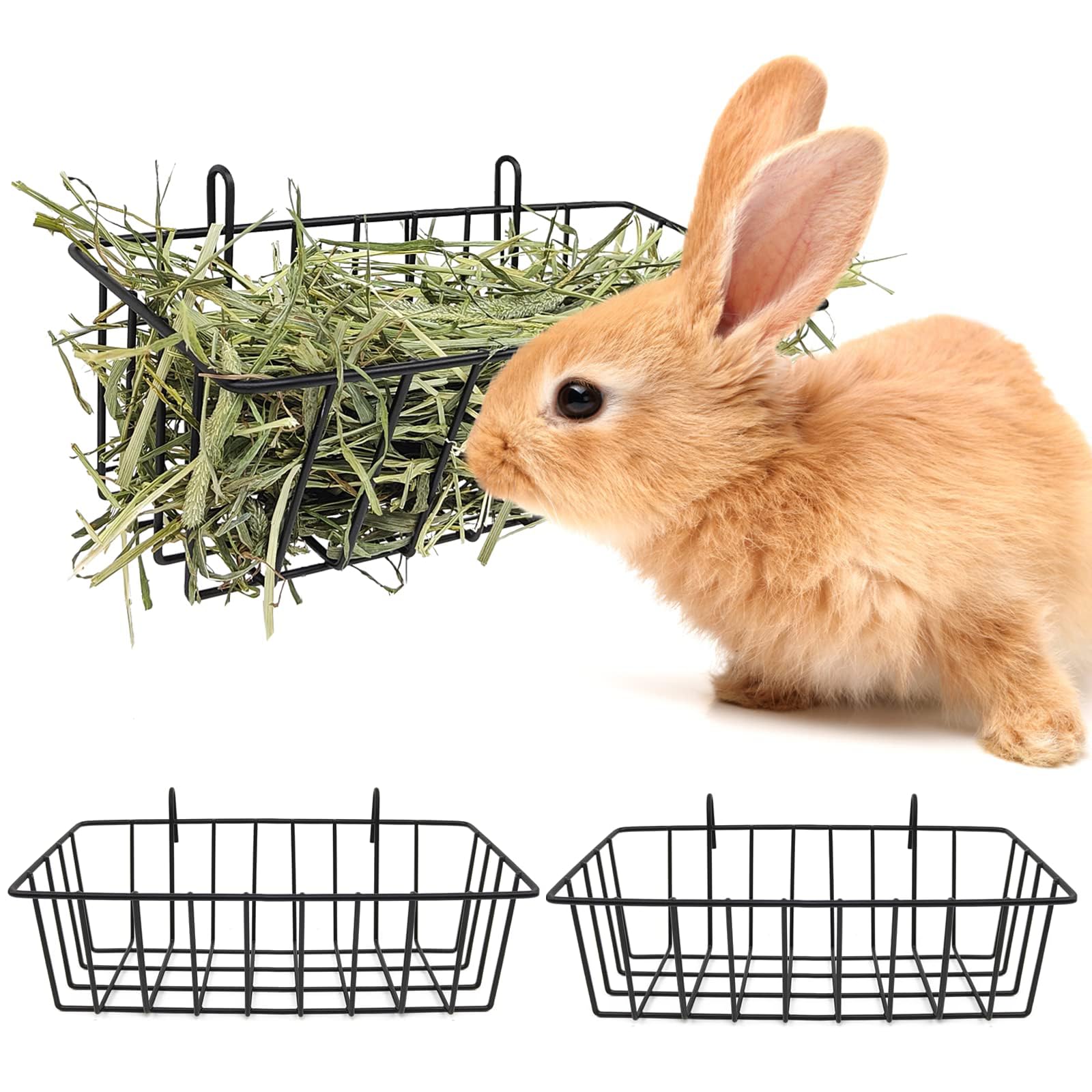 Xygobla Rabbit Hay Feeder, 2PCS Guinea Pig Hay Feeder Metal Hanging Hay Rack, Less Wasted and Keeps Cage Clean,Grass Holder Guinea Pig for Chinchilla Bunny Hamster & Small Animal (Black)
