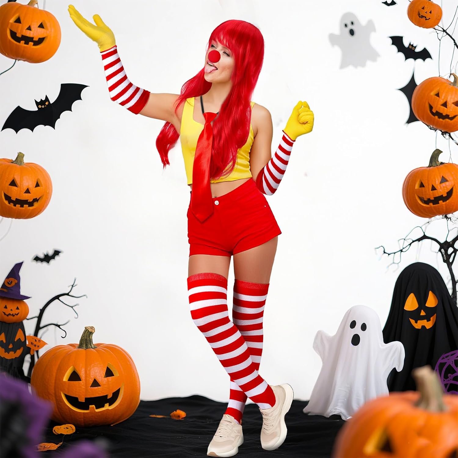 6 Pcs Halloween Fast Food Clown Costumes Accessories Includes Wig Gloves Red White Striped Stockings and Arm Sleeves Sponge Nose Adjustable Necktie Red Yellow Clown Outfits for Women Cosplay - Image 4