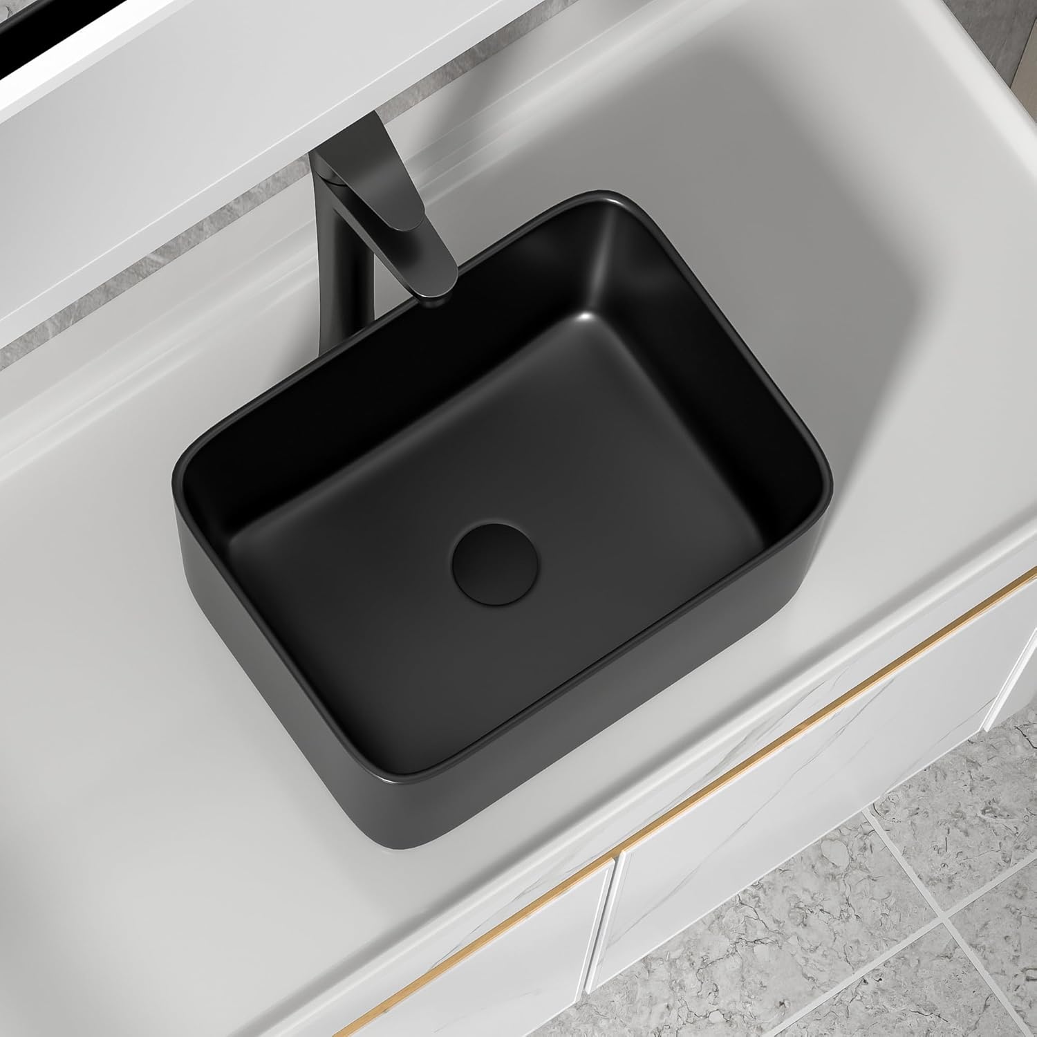 16"x12" Bathroom Vessel Sink Rectangular with Faucet Combo & Pop-Up Drain - Matte Black Porcelain Ceramic Rectangle Above Counter Vanity Lavatory Bath Sink Art Basin