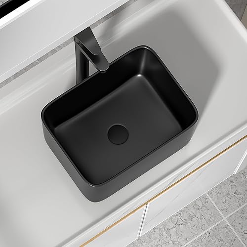 Miniatura 9 de Fulorni - Fregadero rectangular para baño, fregadero de baño blanco de 24 x 14 pulgadas con borde negro sobre mostrador rectangular para lavabo de