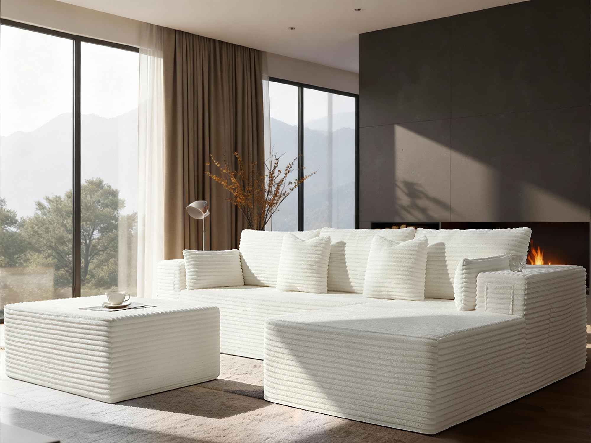 108" Cloud Sectional Couch, Comfort U Shaped Boneless Couch for Living Room, Extra Deep Seats No Assembly, Minimalist Modular Sofa, Corduroy (Cream, 2 Seater+Right Facing Chaise+Ottoman)