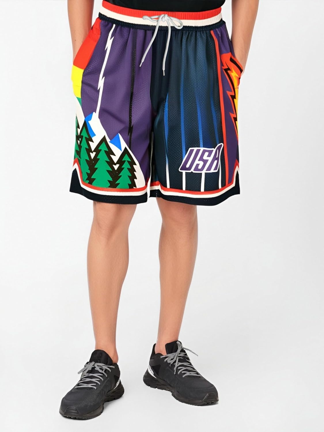 Men Basketball Shorts Graphic Mesh Drawstring Retro Sport Workout Gym Running Athletic Shorts - Image 2