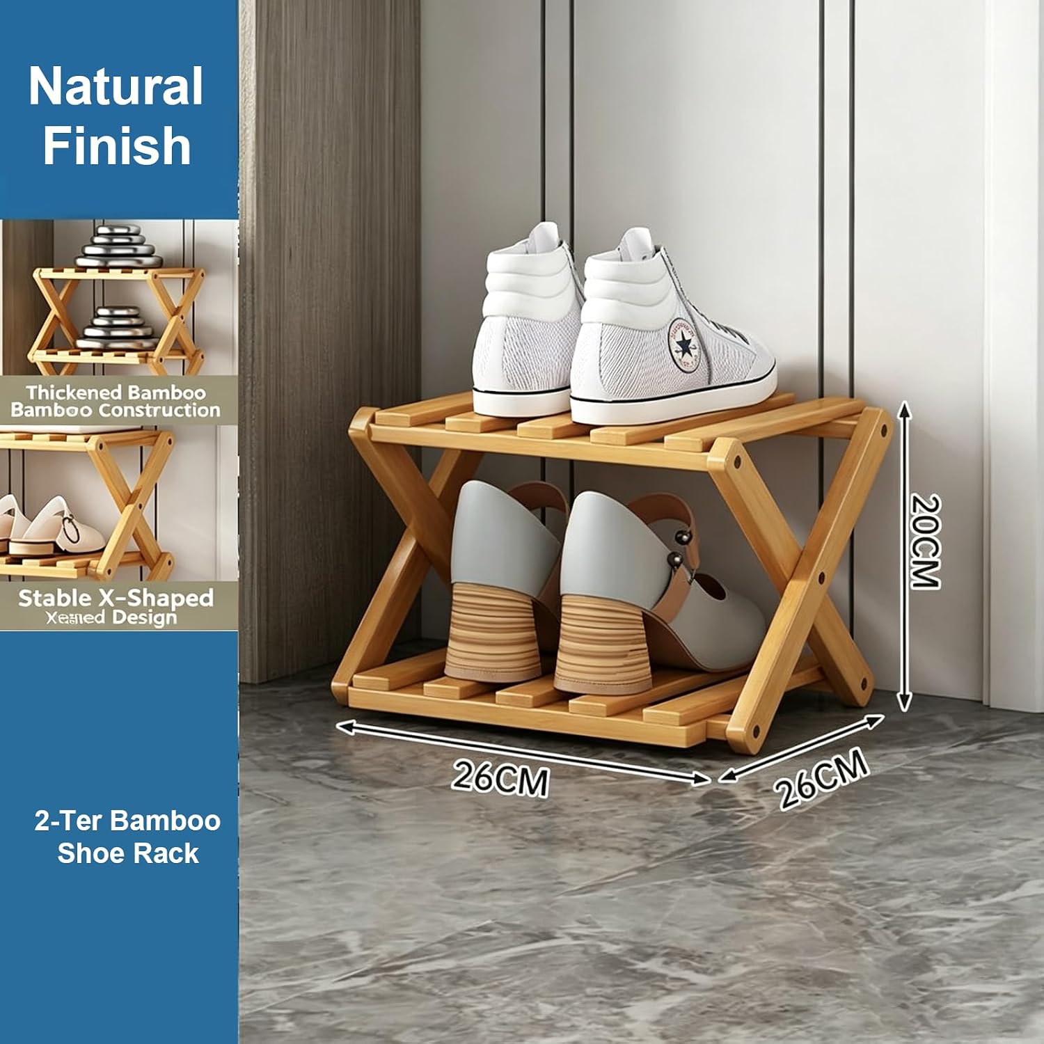 No-Assembly Bamboo Shoe Rack, 2-Tier Foldable Vertical Organizer, Space-Saving Storage Solution for Entryway, Closet, Bedroom, Small Spaces – Eco-Friendly Design