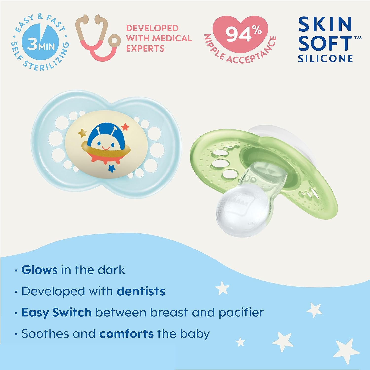 MAM Air Day & Night Baby Pacifiers, Glows in The Dark, SkinSoft Silicone, 6+ Months, Boy, 4 Count (Original + Night 4-Pack)