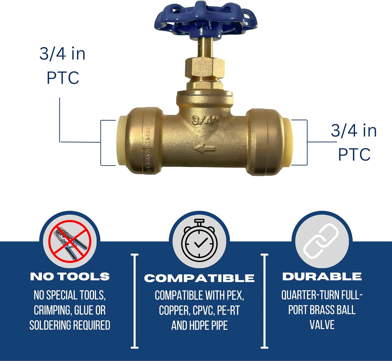 XFITTING 3/4 inch Push Fit Stop Valve with Drain and Vent, Push to Connect Brass Plumbing Fitting, Pex Pipe, Copper, CPVC, PE-RT, HDPE, 2-5-2=1, 1 Piece