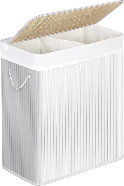 SONGMICS Divided Laundry Basket with Lid, Bamboo Laundry Hamper with 2 Sections, Removable Liners, Cotton Handles, 100L Storage Capacity, for Laundry Room, Bedroom, White LCB64WT