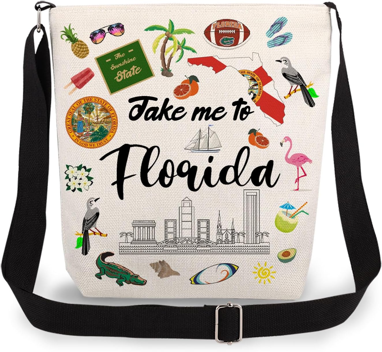 Take Me To Florida Print Canvas Crossbody Bag, Adjustable Strap Lightweight Purse with Top Zipper & Inner Pocket, Daily Shoulder Bag Florida Travel Gift for Women