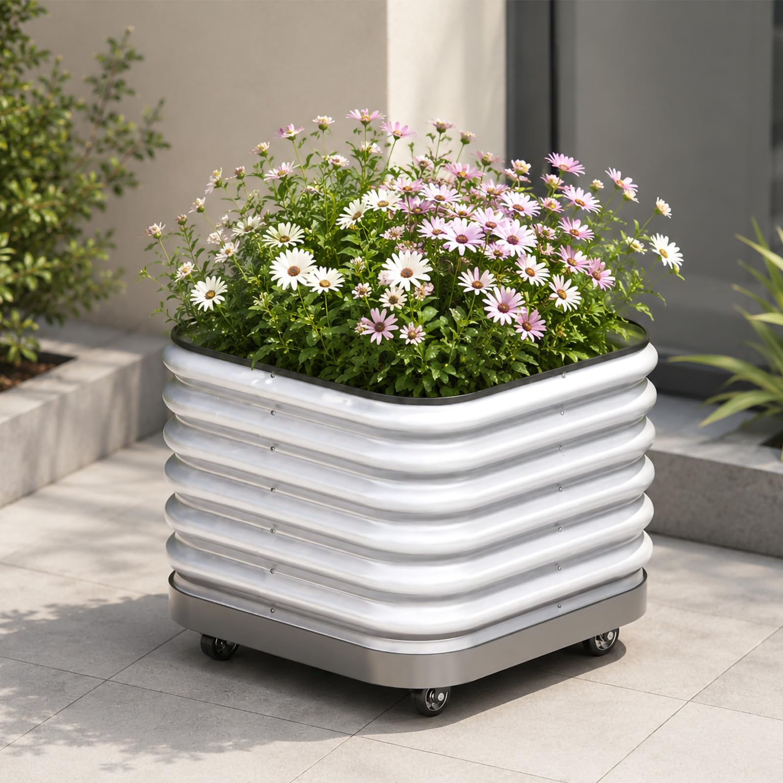 Fioriera Da Esterno in Metallo in Acciaio INOX 304 con Ruote E Spazio Profondo, Aiuola Rialzata in Metallo con Ruote, Vaso per Fiori per Erbe, Fiori E Verdure,60 * 60 * 53cm/23 * 23 * 20in