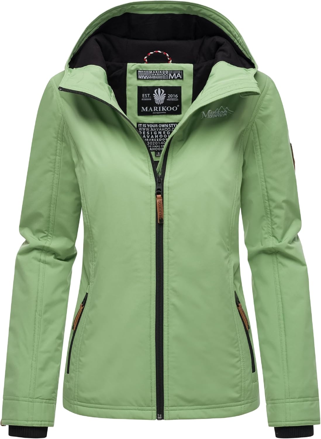 MARIKOO Lichte overgangsjas voor dames, kort met capuchon, aardbei, groen (moss green), S MARIKOO Lichte overgangsjas voor dames, kort met capuchon, aardbei, groen (moss green), S