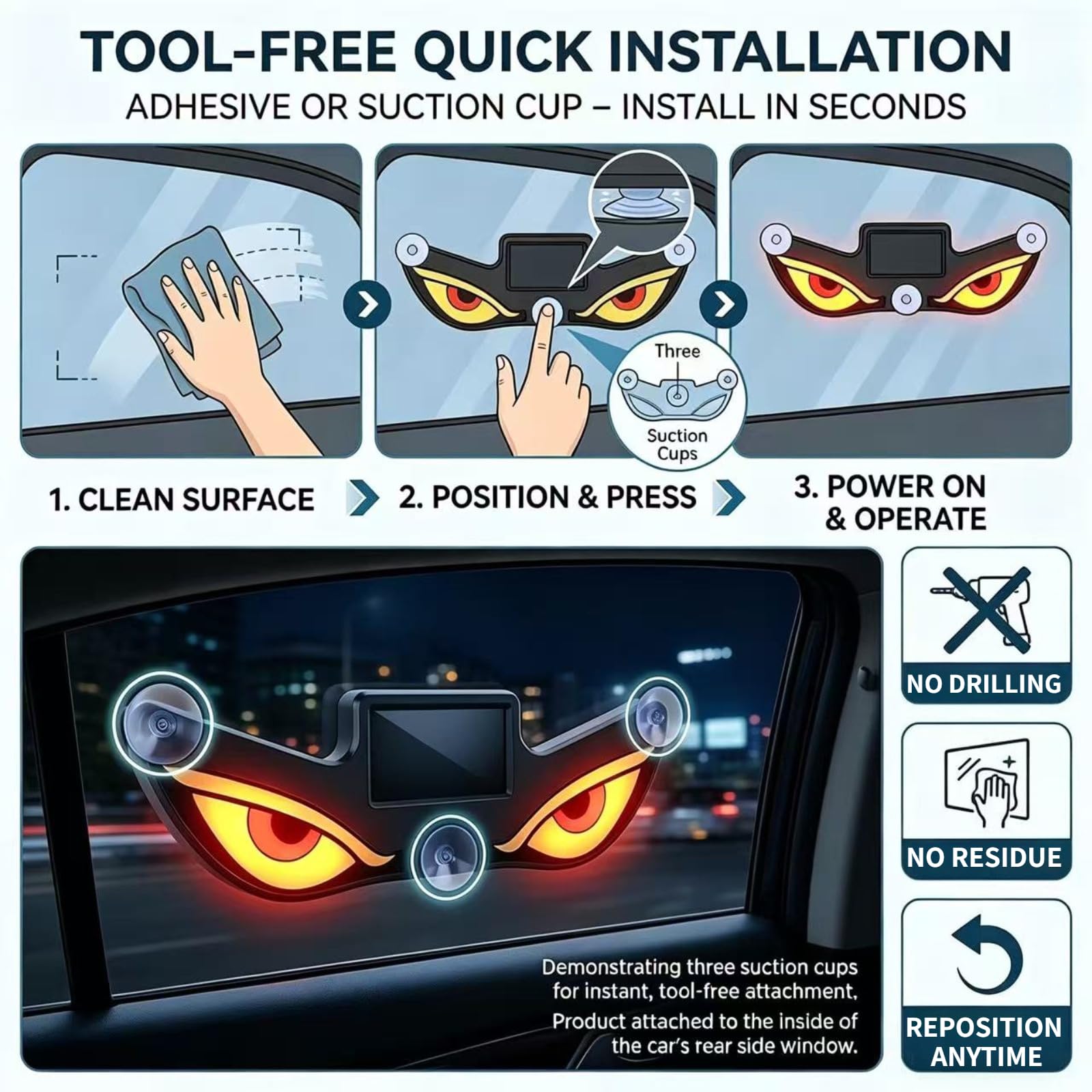 2PCS Solar Demon Eye LED Car Window Light,Lumières dynamiques de Voiture de 5 Modes,USB Solaire Double Puissance,Éclairage ambiant à Induction de Vibration,pour fenêtre de Voiture (D)