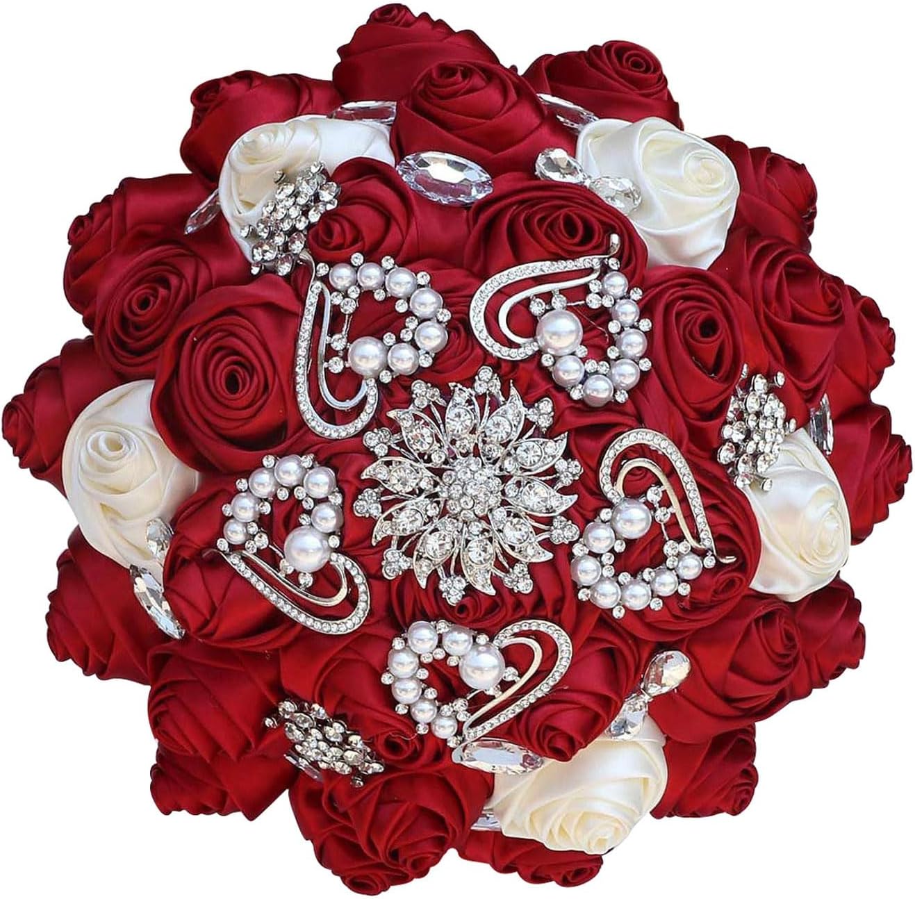 Wedding Bride Bouquet - 7 Inch Red Pink Satin Rose Bridesmaid Brooch Bouquet for Quinceanera, French Style Indoor/Outdoor Church Garden Wedding Bridal Shower Toss (Burgundy)