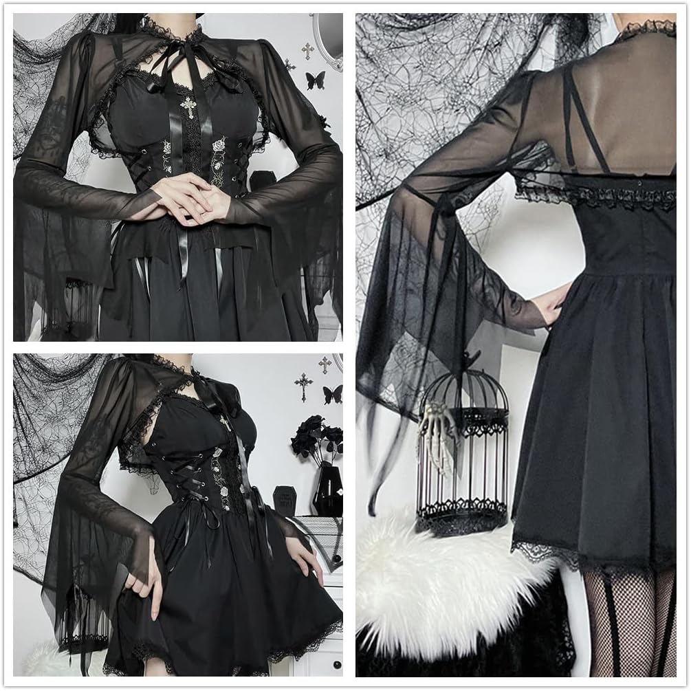 Women Goth Shrug Crop Top Lace Sheer Mesh Black Gothic Punk Fishnet Cover Up Long Sleeve Shawl Shrug Cardigan Witch Cosplay - Image 3