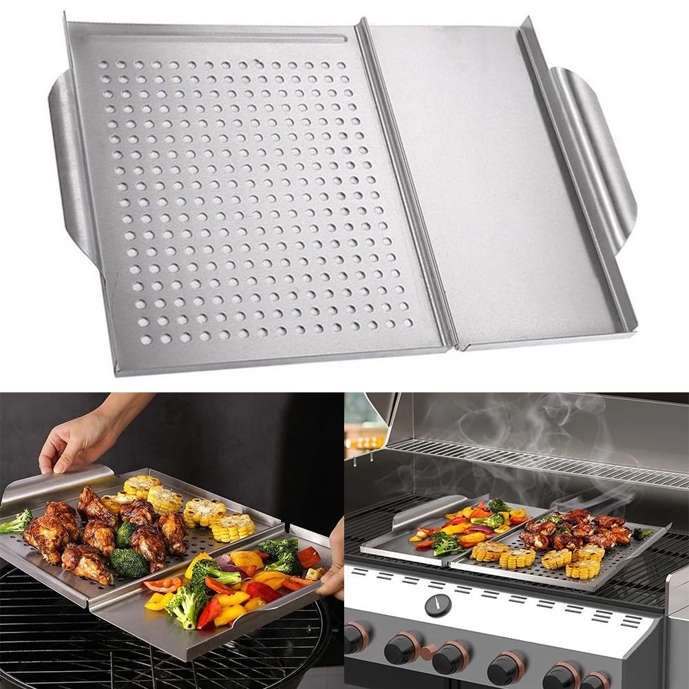 Zeroupshop Edelstahl 2-in-1 BBQ Grillschale 30,7 x 45 cm mit perforiertem Design für gleichmäßiges Garen, ideal zum Grillen von Fleisch, Gemüse, Fisch, Shish Kabobs, Camping, Hinterhofgrill und