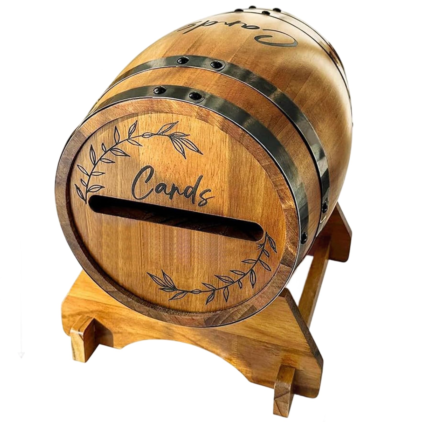 Scatola per biglietti di matrimonio, rustica in legno, marrone, 10 pollici | Forma rustica di botte di whisky, contiene oltre 150 carte, ideale per matrimoni e feste