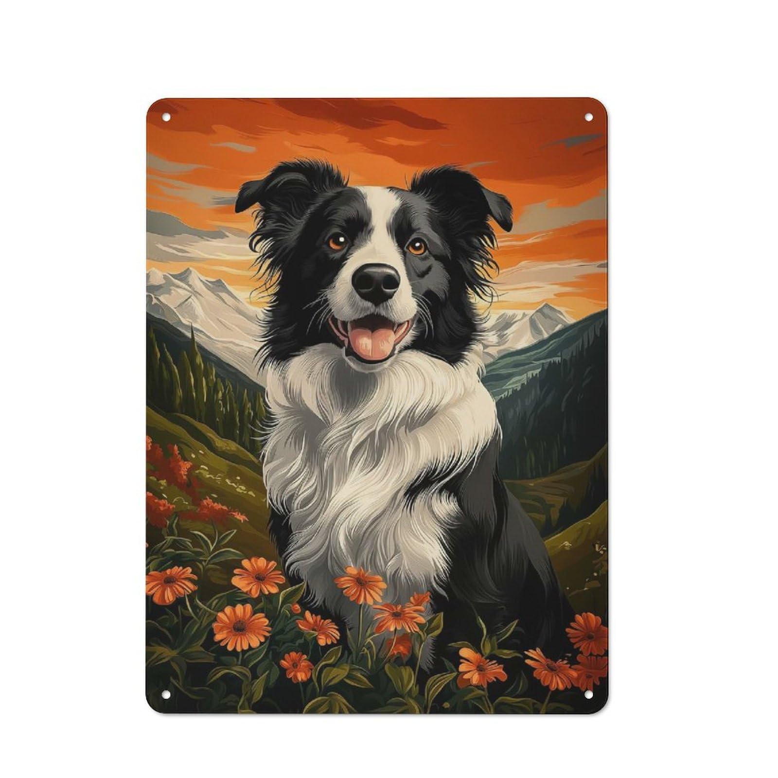 Junmoney Style-4 Border Collie In Mountain Landscape Metal Wall Art Sign 40X30cm, Modern Retro Urban Room Decor For Modern Home, Workshop, Office Or Cafe
