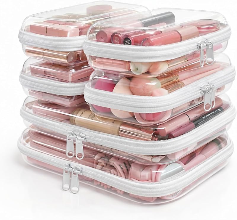 Conjunto com 6 necessaires transparentes rígidas com zíper Kinimore para maquiagem e viagem (2 médias + 4 pequenas)