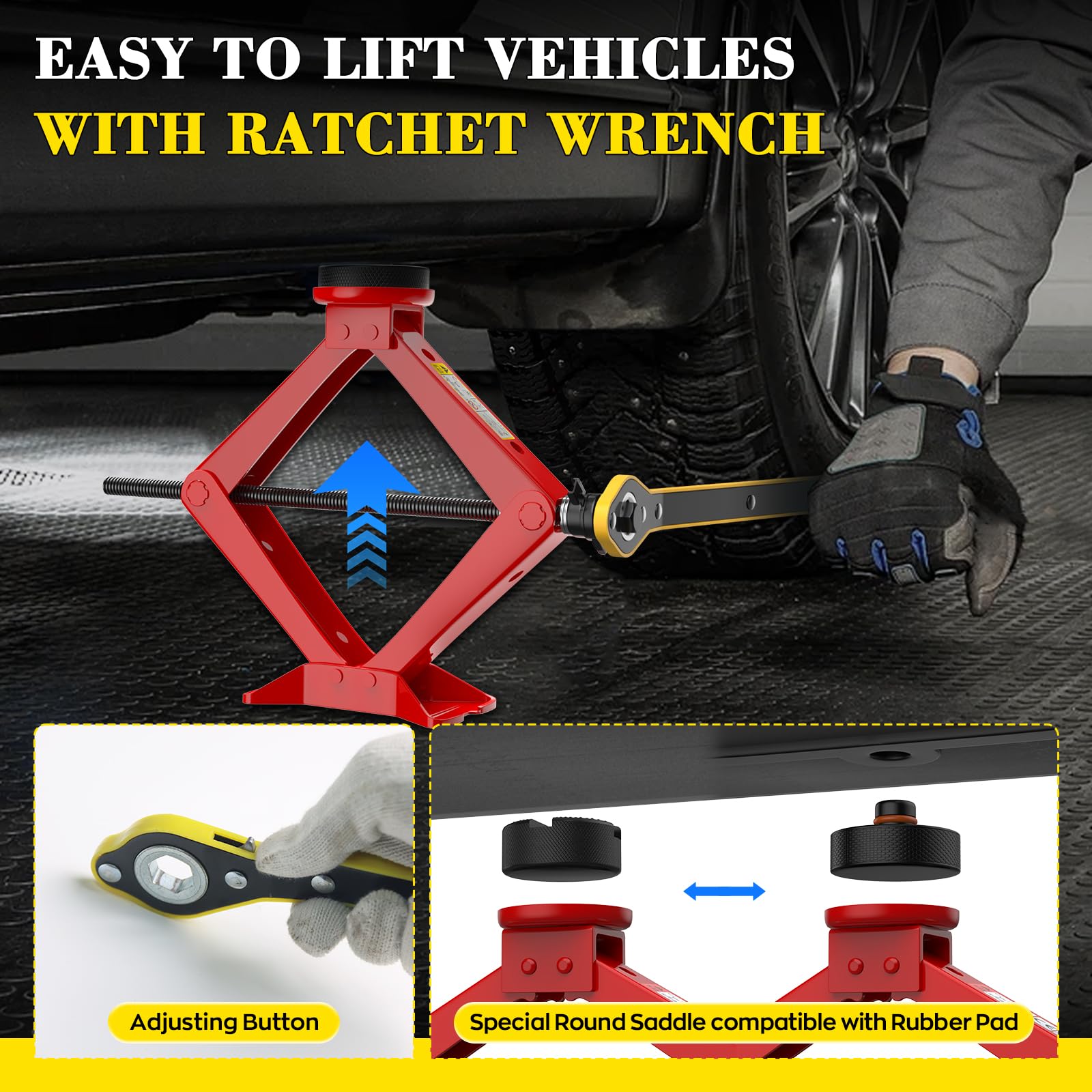 IMAYCC Nuevo Gato para Coche 2.5T/2500kg, Kit de Gato Coche Universal con 2 Piezas Bloque de Goma, Portátil Kit de Emergencia con Llave de Tuercas de Rueda para SUV MPV Tesla