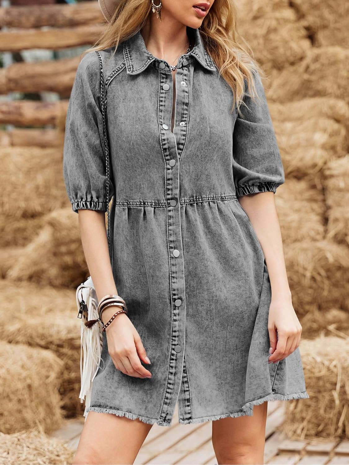 Pepochic Womens Summer Denim Dress Button Down Short Sleeve Babydoll Dress Puff Sleeve Flowy Jean Dress - Image 3