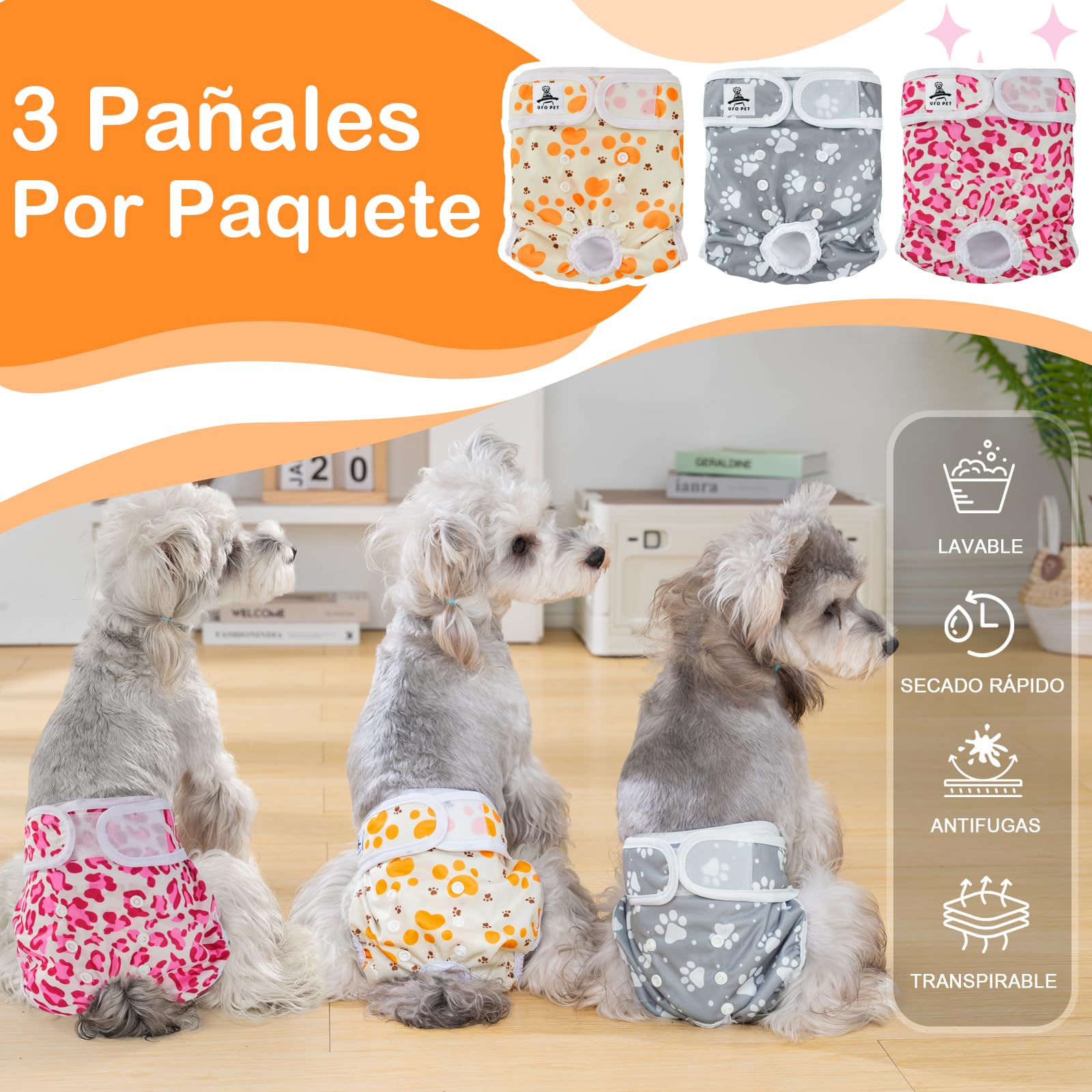 Pañales Perro Hembra Lavables S (3 Piezas), Pañales para Perros Hembra Reutilizables y Altamente Absorbentes, Pañal Perro Hembra con Botones Ajustables