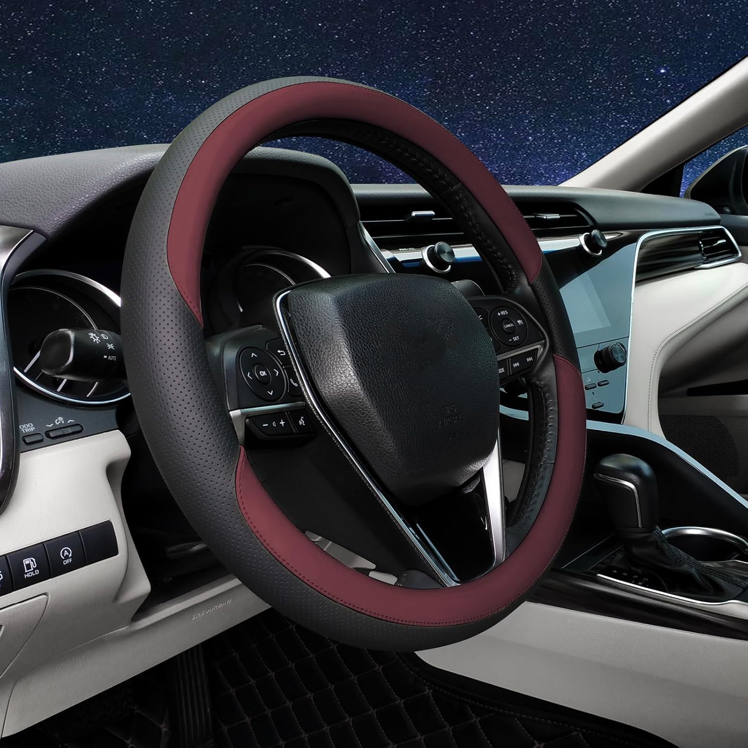 Steering Wheel Cover Universal Standard Size 14.5-15 inch, Breathable Microfiber Leather, Anti-Slip, Soft Grip, Fits Most Cars SUVs Trucks, Black and Burgundy - Image 2
