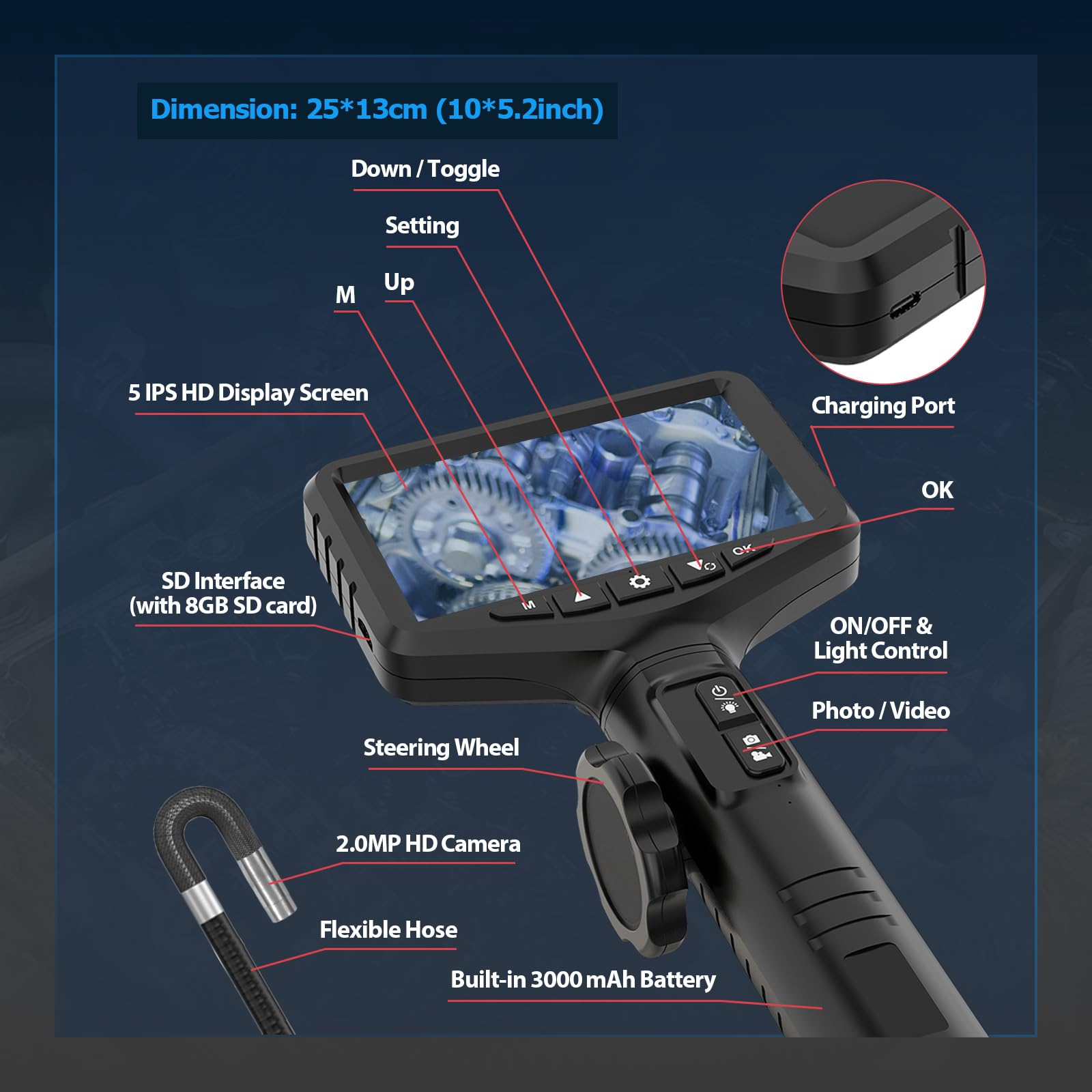 MRCARTOOL Endoscopio Industrial para Móvil 2MP Cámara de Inspección con Luz, Bidireccional Sonda de 210° Giratorio, Pantalla LCD IPS de 5" HD 1080P Boroscope con 6.35mm Cámara, IP67, Tarjeta TF
