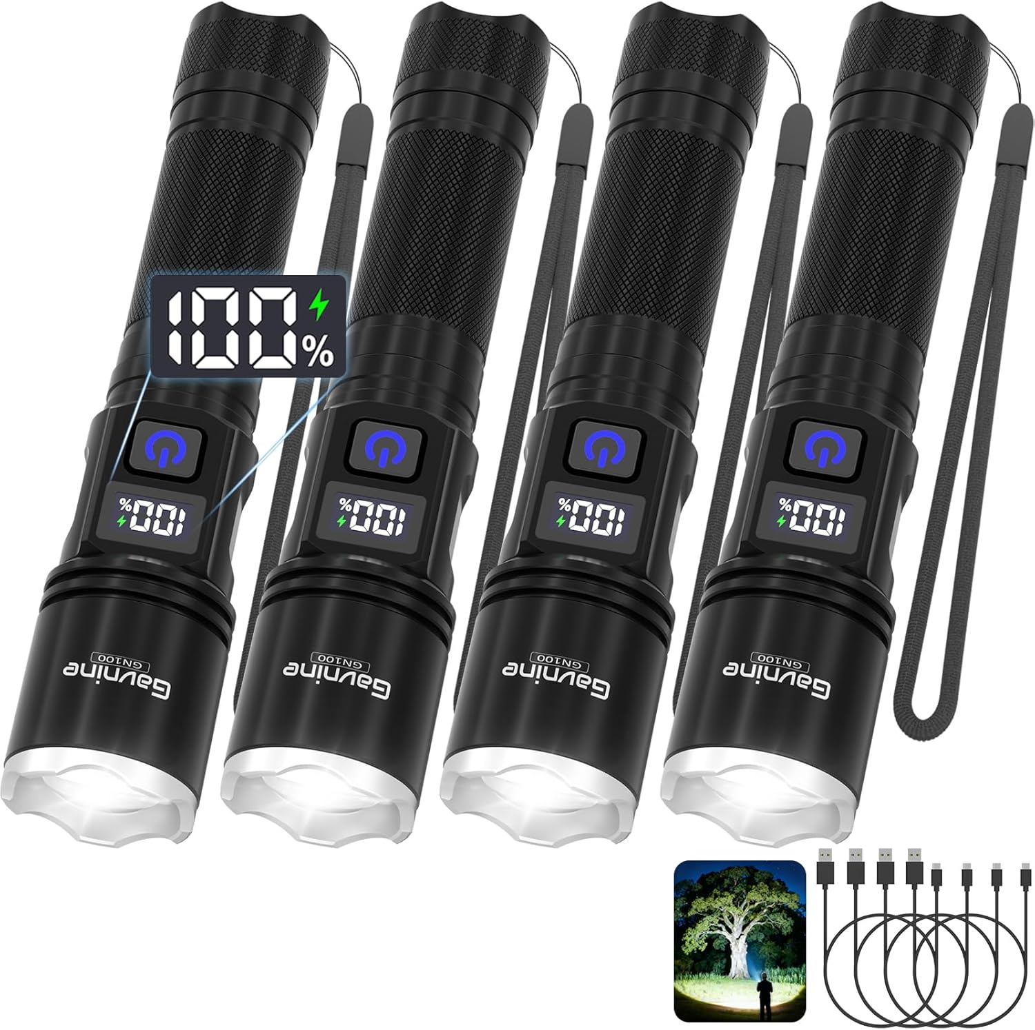 Rechargeable Flashlights 4 Pack-Super Bright High-Lumen LED Tactical Light with LCD Display and 5 Adjustable Modes for Home Emergency and Camping