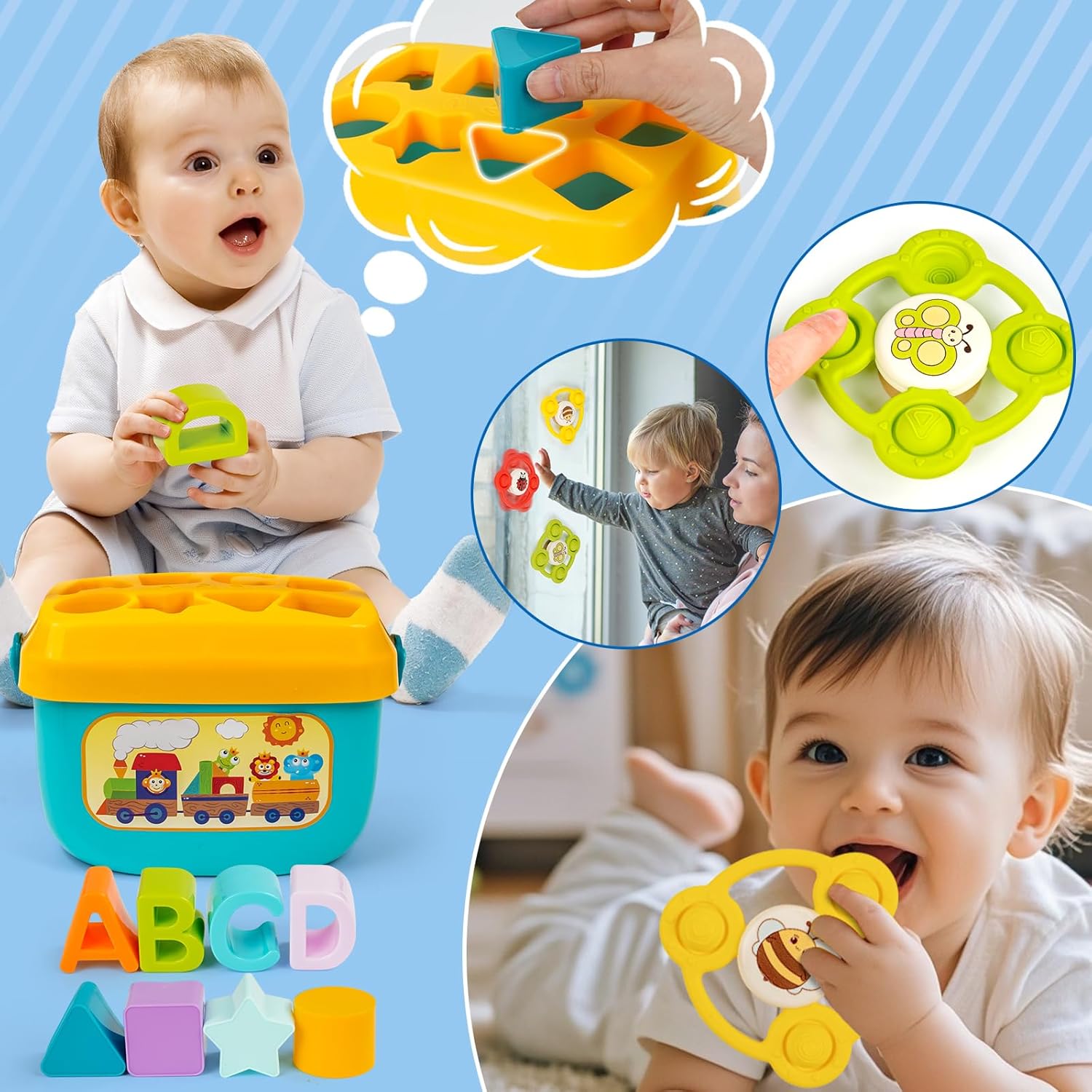 Montessori Toys for Babies Ages 6–12–18 Months with Sensory Shape Sorter Matching Game Box Stacking Cups Soft Ring, Building Blocks, Spinner Developmental Learning Toys for Toddlers 1+ Year Old - Image 4