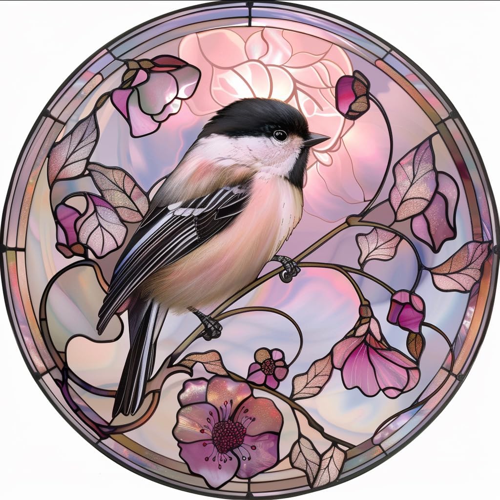 Easter Chickadee Stained Glass Window Hangings, Cat Butterfly Sunflower Handcrafted Stained Glass Suncatchers, Gift for Cat Lovers Nature Lovers (12”x12”)