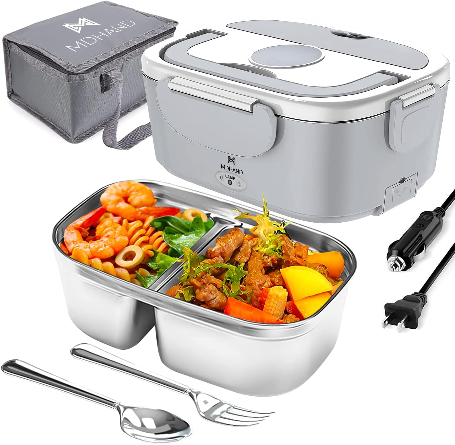 MDHAND Electric Lunch Box Food Heater,Faster Heated Lunch Box Food Warmer 110V/12V/24V Self Heating LunchBox for Work/Car/Outdoors,Portable Heated LunchBox for Adult with Lunch Bag