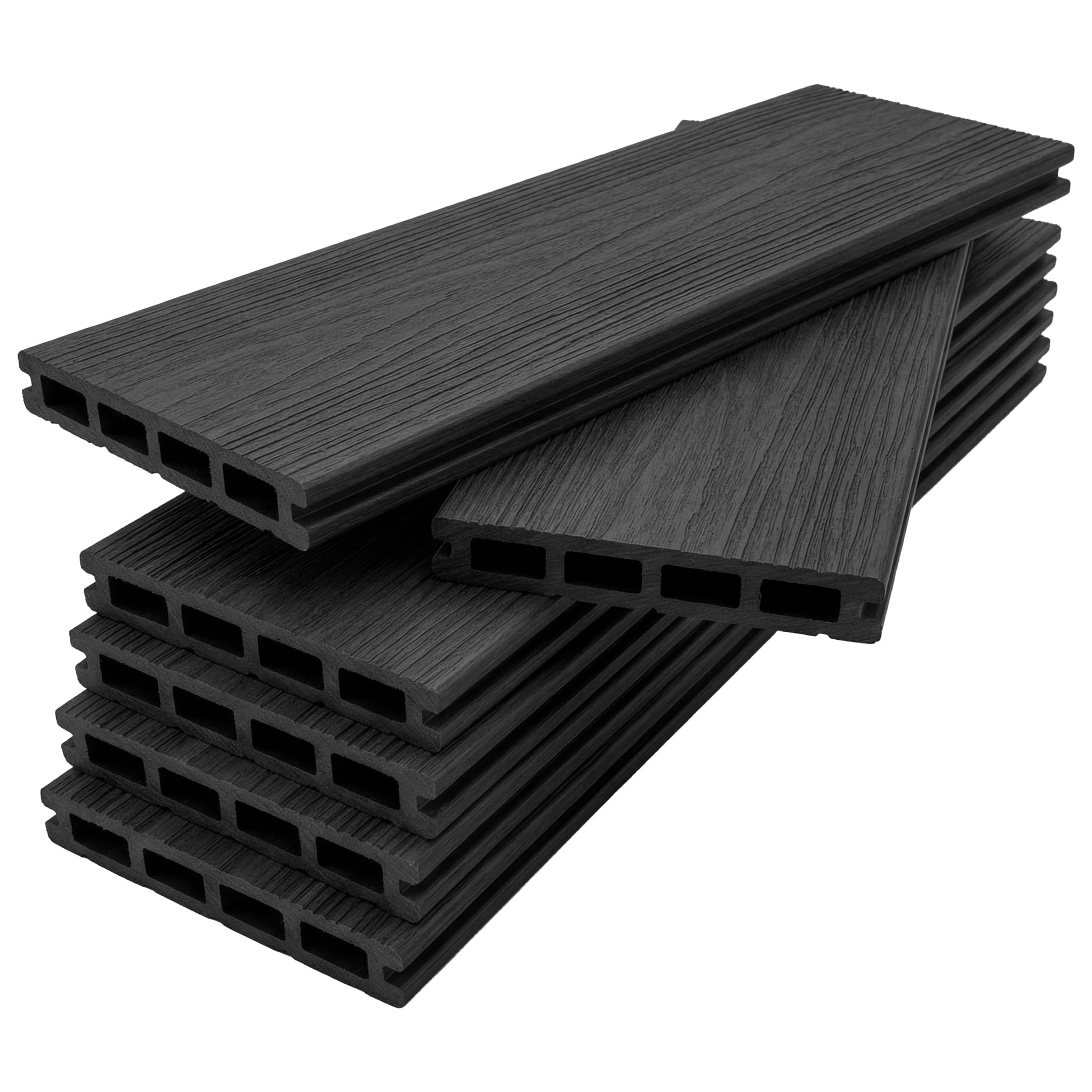 Floordirekt Lames de terrasse WPC 220 x 14,6 cm – Kit complet 2 m² – Planche creuse – Kit complet, avec sous-structure et matériel de montage, résistant aux intempéries et aux UV – Couronne noire