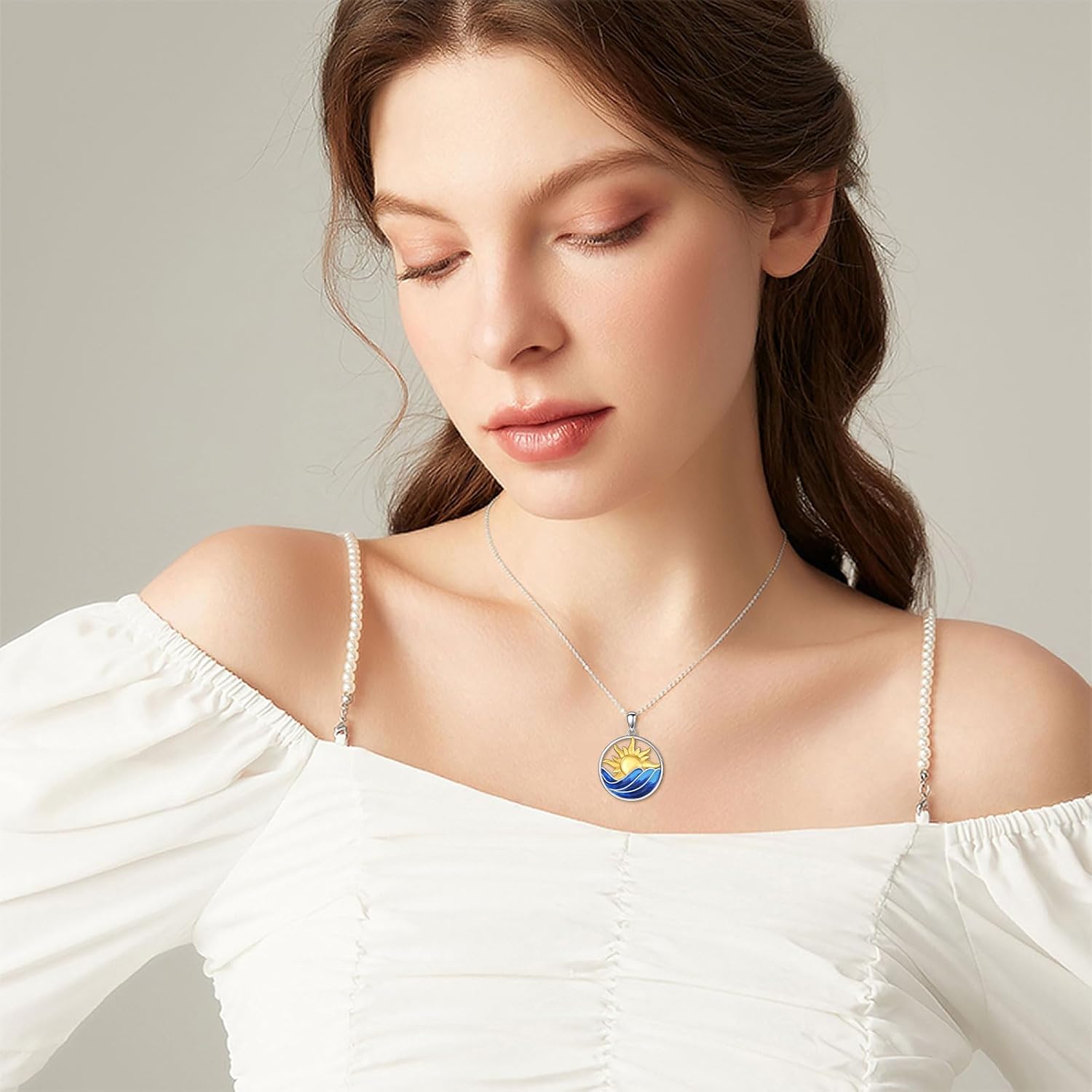 Waves with Sunrise Sunset Charm Necklace 925 Sterling Silver Boma Sun Pendant Necklace Sun and Wave Jewelry Mother's Day Gift for Mom Wife - Image 2