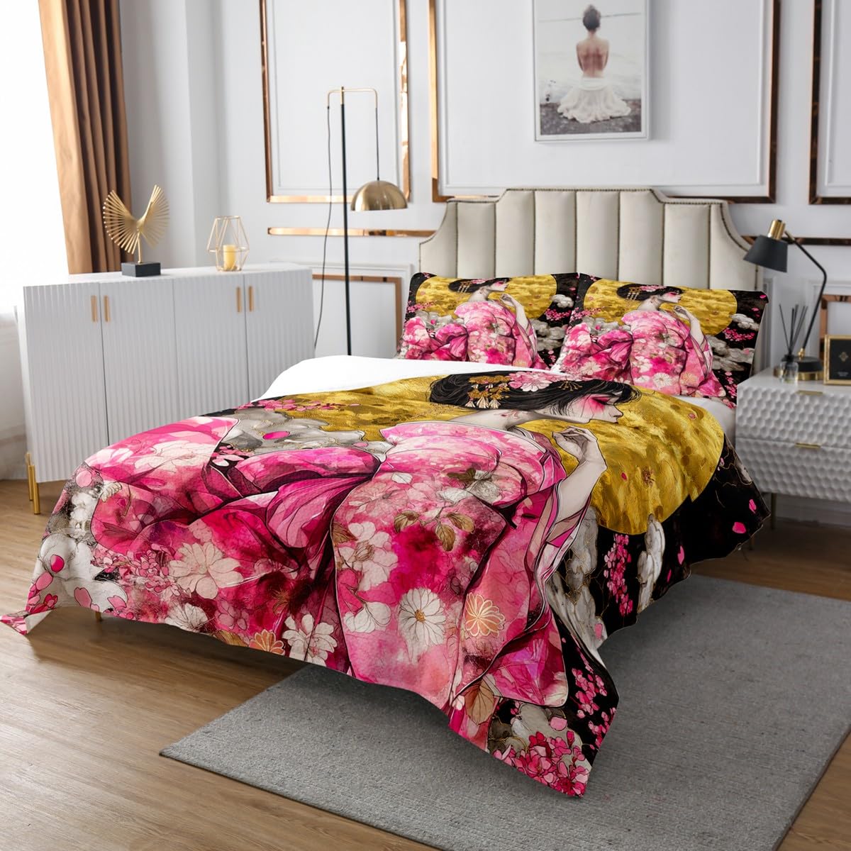 Girls Japanese Style Quilt Bedding Set King,Geisha Girl Coverlet Bedspread,Ukiyoe Style Moonlit Night Lightweight Bedding Bed Cover,Watercolor Cherry Blossom Bedspread Set (1 Quilt+ 2 Shams)
