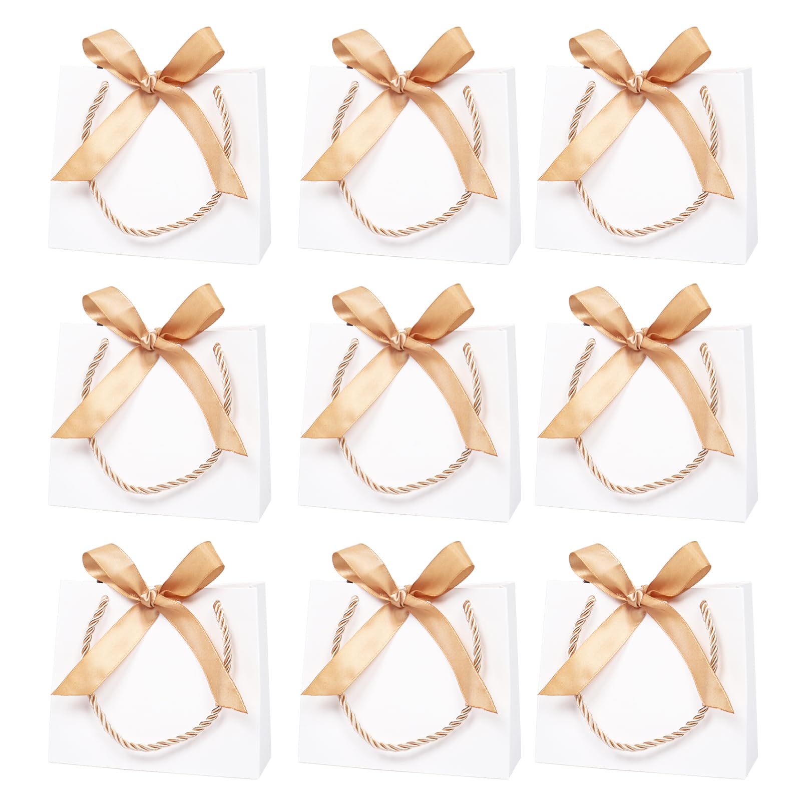 10 sacchetti regalo piccoli bianchi con fiocchi e manici, 14 × 6 × 12 cm, bianchi, piccoli sacchetti regalo per compleanni, matrimoni (fiocchi d'oro