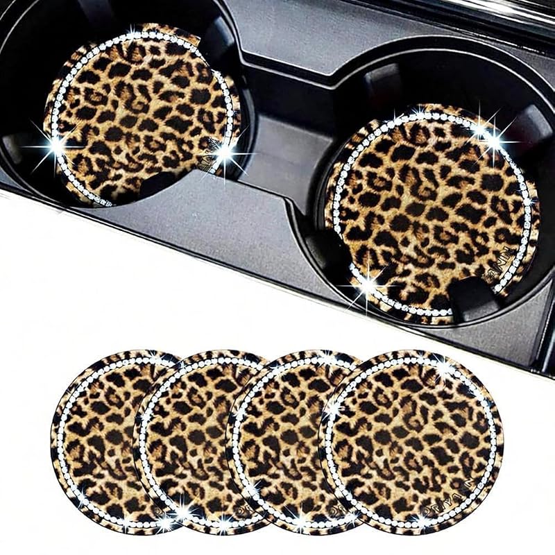 Porta-Copos para Carro em Silicone com Estampa de Leopardo e Cristais Amarelo DRIYANN, Redondo, 7 cm