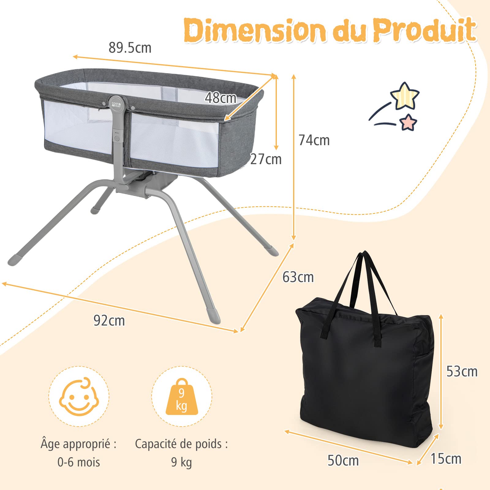 DREAMADE Berceau Cododo Bébé 92x63x74CM avec Matelas Lit Parapluie Bébé 0-6 Mois avec Angle Réglable,Filet de Ventilation Lit d’Appoint Nourrissons Charge 9 KG (Gris)