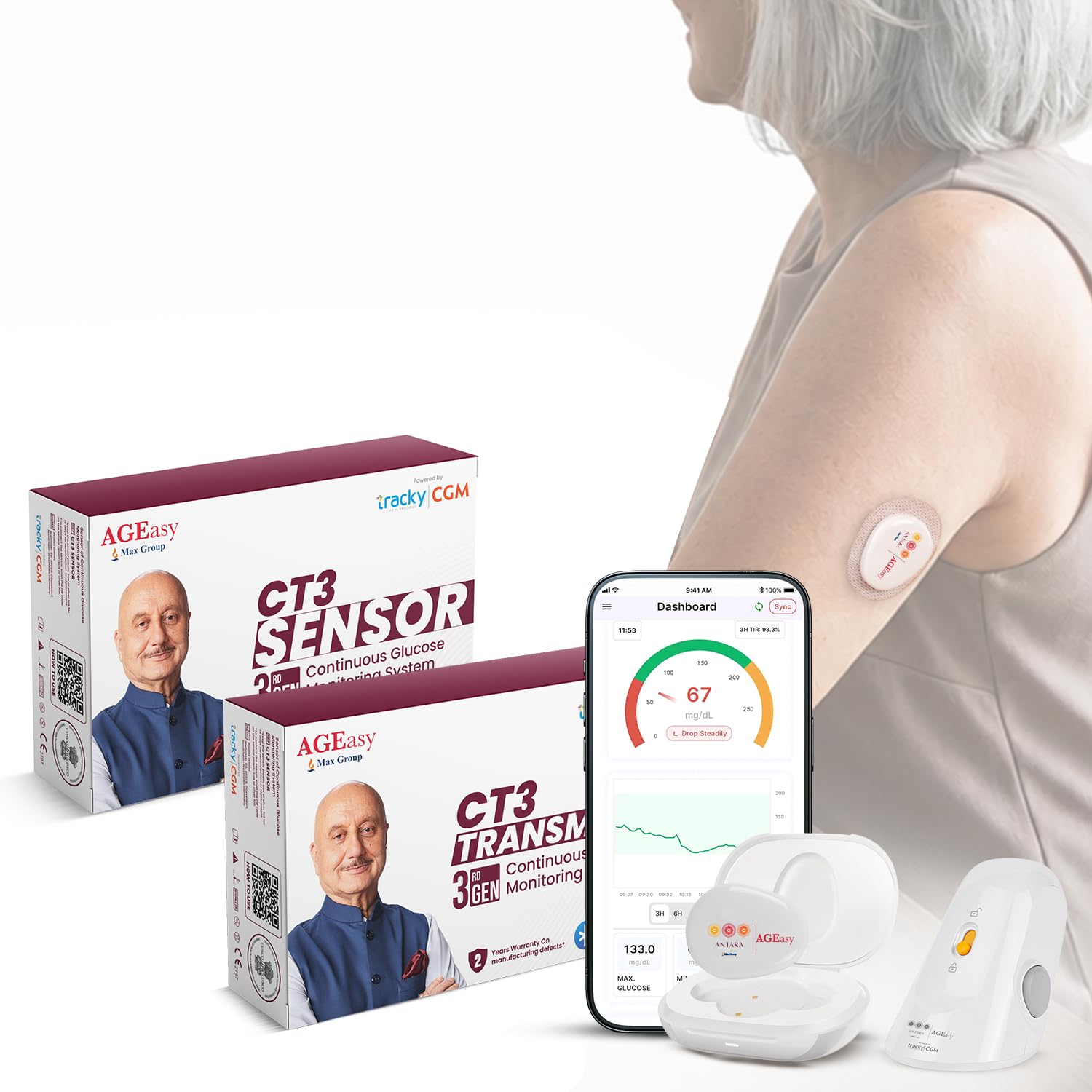 antara ageasy (max group) cgm sensor & transmitter for smart glucose tracking | real-time blood sugar level tracking | bluetooth-enabled continuous glucose monitor device | needleless patch sensor – no finger pricks, waterproof, compact & lightweight, 14-day sensor life | reusable transmitter with 2-year warranty & instant charging